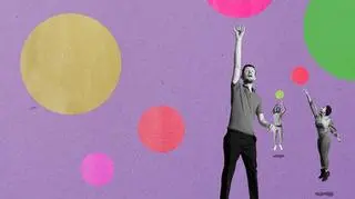 Skąd brać motywację? Kolaż 3 osoby skaczą do kolorowych kół na fioletowym tle