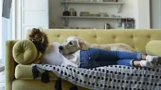 Kobieta z psem na kanapie w salonie