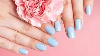 Kobiece dłonie z błękitnymi paznokciami, a na nich delikatny różowy kwiat.