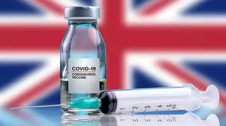 Szczepionka przeciw COVID-19 na tle brytyjskiej flagi.