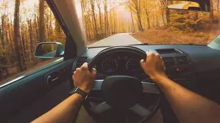Mężczyzna prowadzi samochód w lesie jesienią