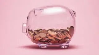 Świnka skarbonka z monetami na różowym tle