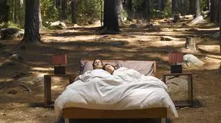 Para śpiąca na łóżku w lesie