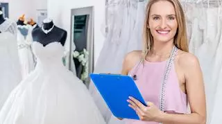 Młoda kobieta w salonie sukien ślubnych planuje wesele