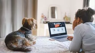 kobieta robi zakupy przez Internet w Black Friday a jej pies się patrzy i myśli, po co ci to kobieto