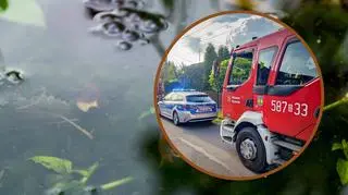 Woda w stawie, wóz strażacki i policyjny