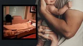 mężczyzna trzyma niemowlę, mężczyzna leży na łóżku w szpitalu