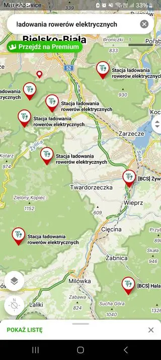 Stacje ładowania rowerów elektrycznych w aplikacji Mapy.com