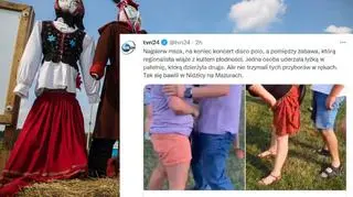 Ludzie bawiący się w ogrodzie, wokół nich kolorowe ozdoby festynowe.