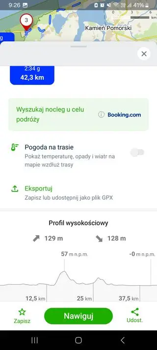 Profil wysokościowy w aplikacji Mapy.com