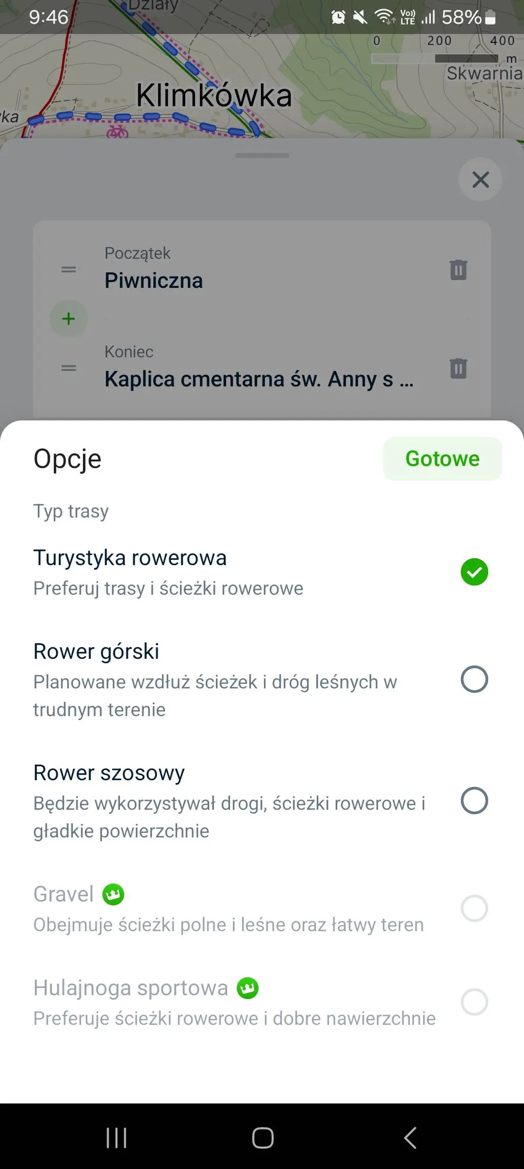Wybór typu roweru w aplikacji Mapy.com