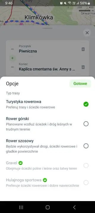 Wybór typu roweru w aplikacji Mapy.com