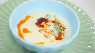 Krem z gruszki z selerem i chorizo