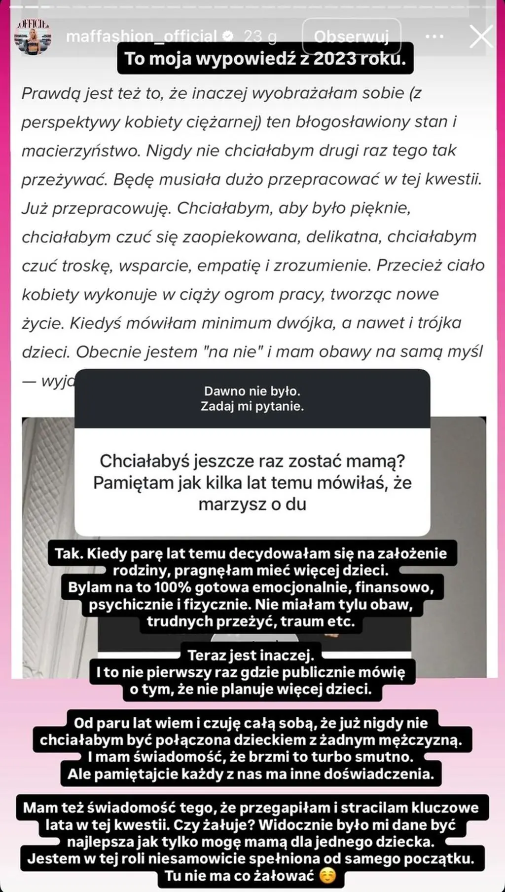 Wpis Maffashion na temat macierzyństwa