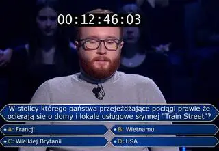 "Milionerzy". Uczestnik zadzwonił do przyjaciela przy drugim pytaniu. Gdzie znajduje się "Train Street"?
