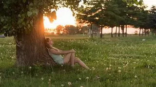 kobieta odpoczywa pod drzewem, letni dzień