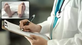 Lekarz wypisujący kartę, nogi zmarłego pacjenta