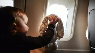 Mały chłopiec z króliczkiem maskotką w samolocie