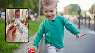 Mały chłopiec bawi się plastikowym samochodzikiem