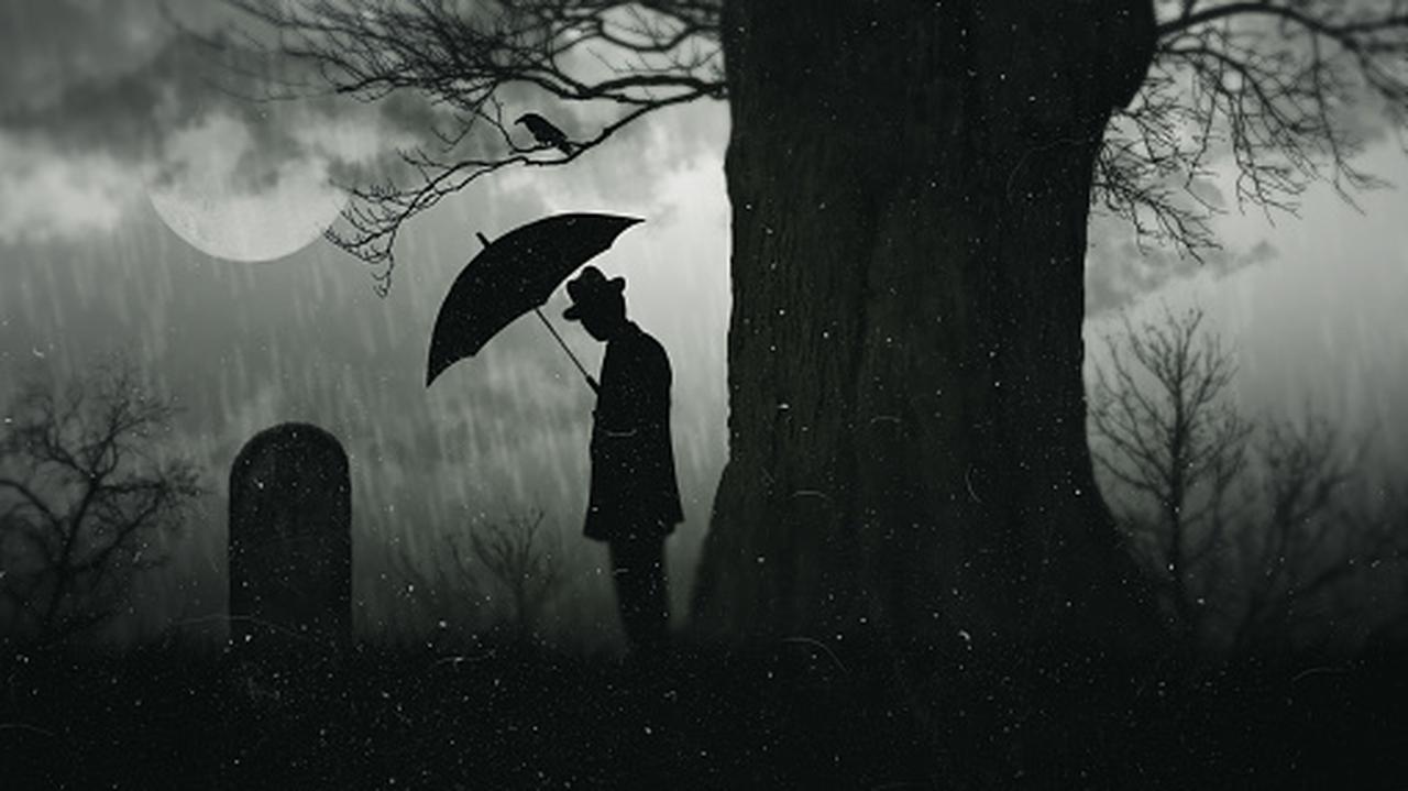 Mężczyzna stojący nad grobem. Pada deszcz.