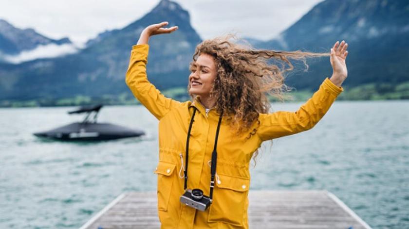 żółty, kurtka, kobieta