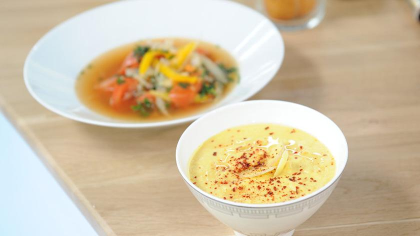 Zupa warzywna z kapustą i żółtą papryką i krem z kukurydzy