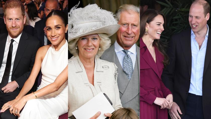 Książę Harry, Meghan Markle, królowa Kamila, król Karol III, księżna Kate Middleton i książę William