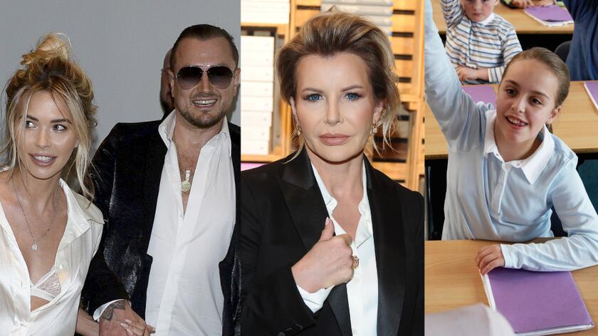 Sandra Kubicka i Aleksander Milwiw-Baron, Joanna Racewicz, uczniowie w szkolnych ławkach