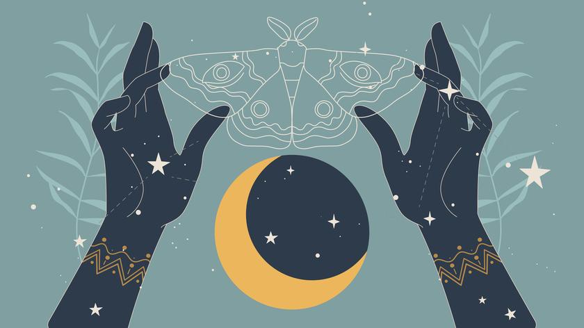 Ilustracja astrologiczna, dłonie, ćma i półksiężyc