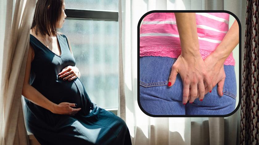 kobieta w ciąży, zasłonięte rękoma pośladki w dżinsach