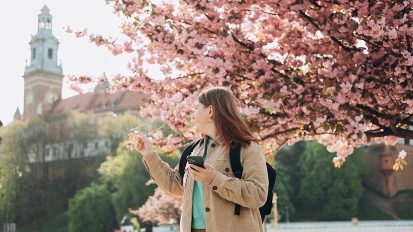 kobieta z telefonem w ręku, w tle krakowskie zabytki