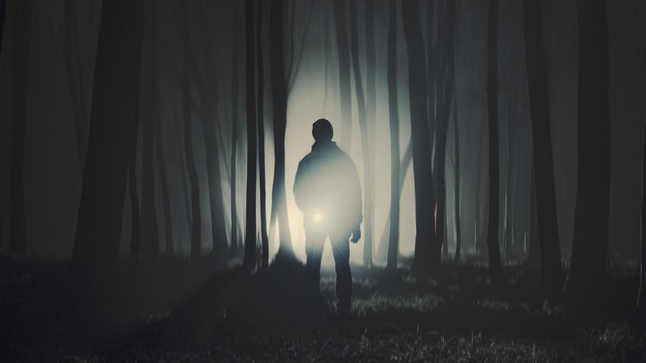 Chłopak w lesie, w nocy