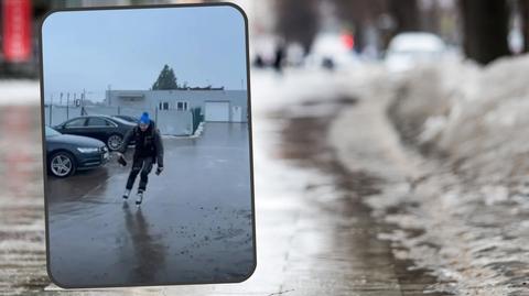 Pojechał do pracy na łyżwach. "Droga była idealna jak na lodowisku"