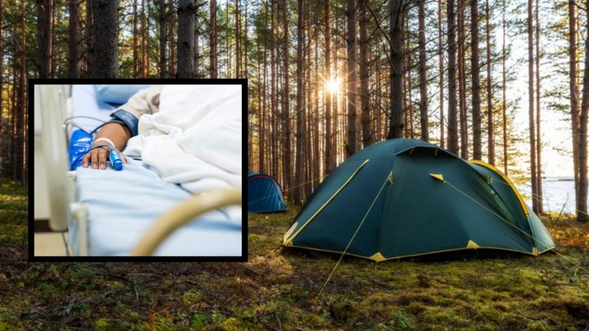 dziecko na łóżku szpitalnym, namioty w lesie