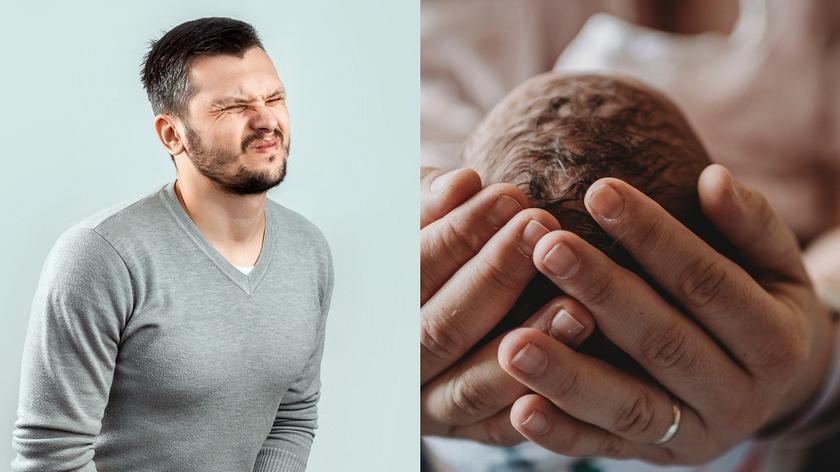 kobieta, która urodziła, mężczyzna, który trzyma się za krocze 