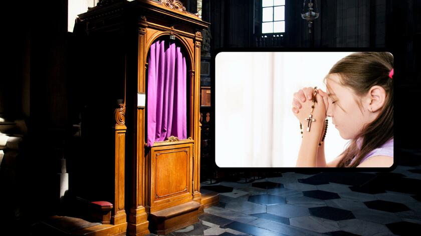 konfesjonał w kościele, modląca się dziewczynka