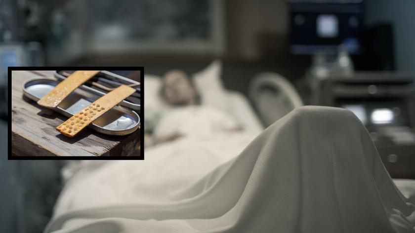 kobieta na szpitalnym łóżku, pałeczki w rytuale kambo