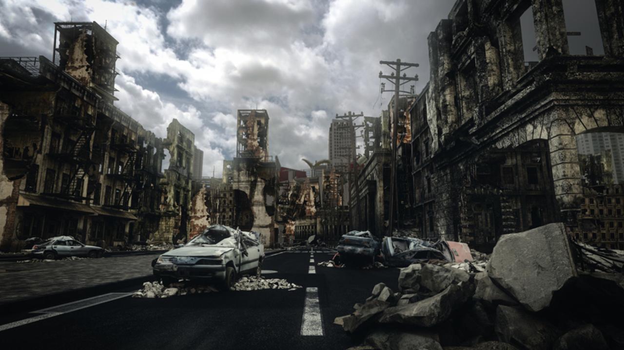 Zniszczone miasto. Koniec świata. Katastrofizm.