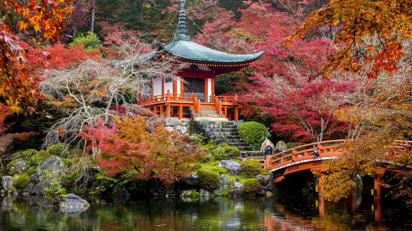 Czerwieniejące liście przy pagodzie w Japonii