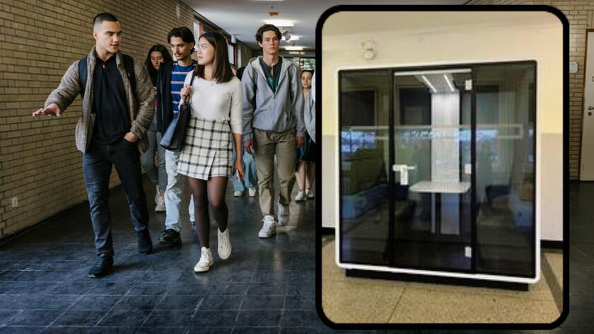 korytarz szkolny i młodzież, kabina akustyczna