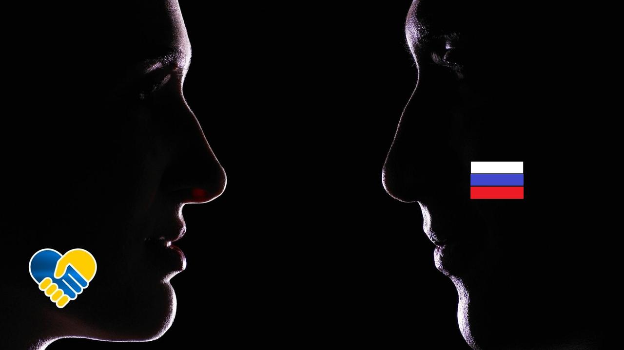 Ciemna twarz kobiety i ciemna twarz mężczyzny z flagą Rosji