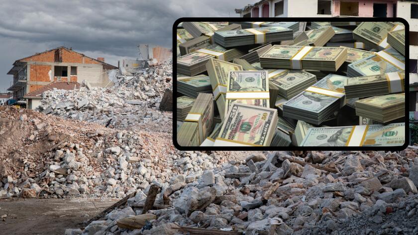 gruzy budynków po trzęsieniu ziemi, amerykańskie dolary