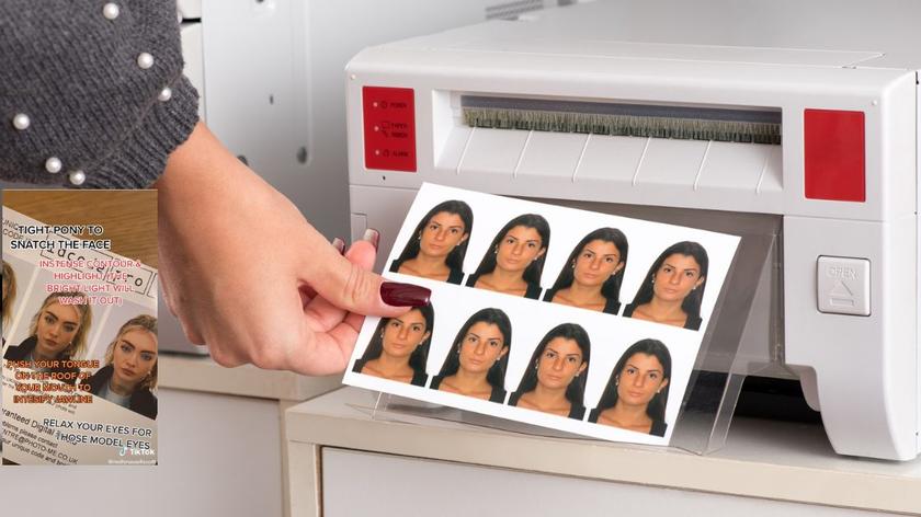 Kobieta wyciągająca zdjęcia biometryczne z drukarki