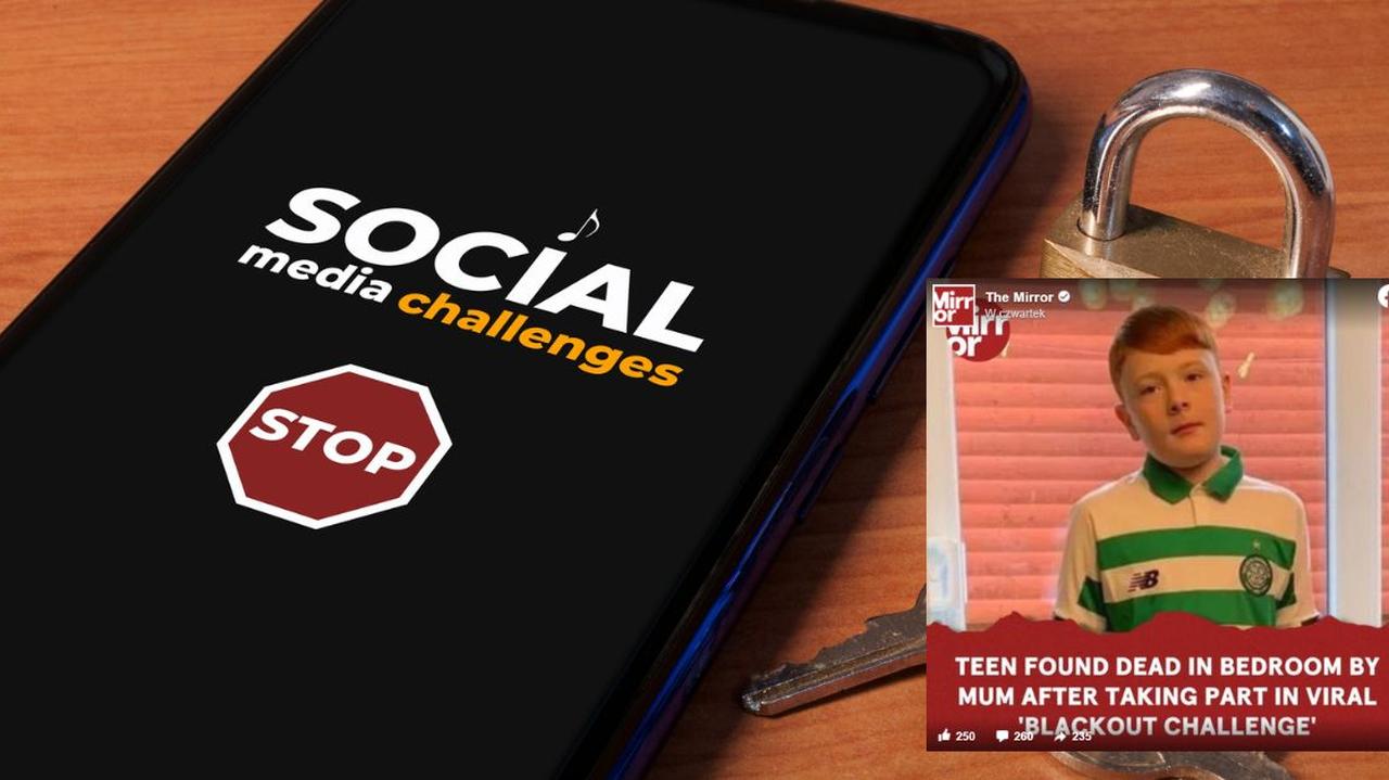 Telefon komórkowy z komunikatem "Stop social media challenges" na ekranie