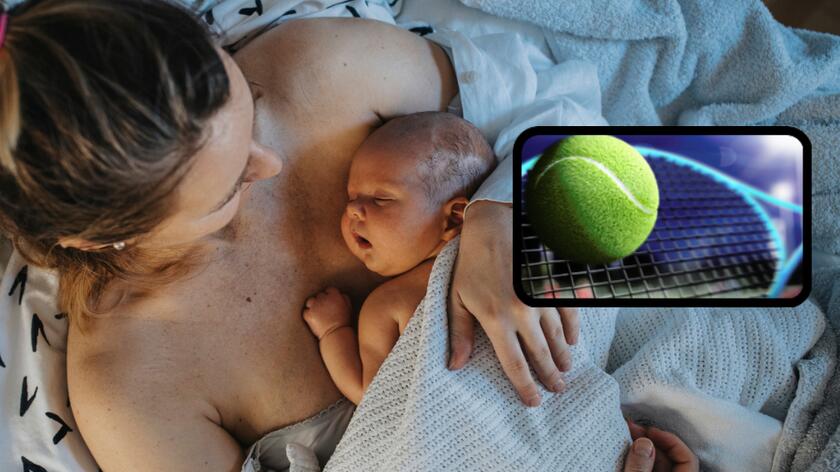 kobieta z dzieckiem po narodzinach, piłka tenisowa 