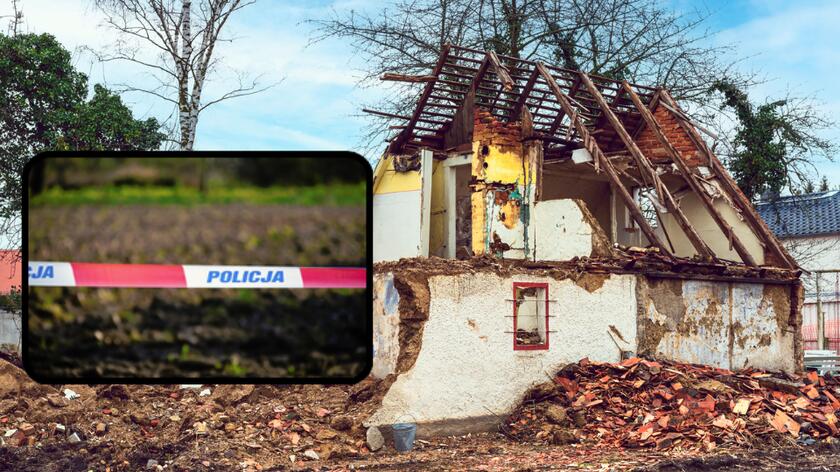 zawalony budynek gospodarczy, taśma policyjna