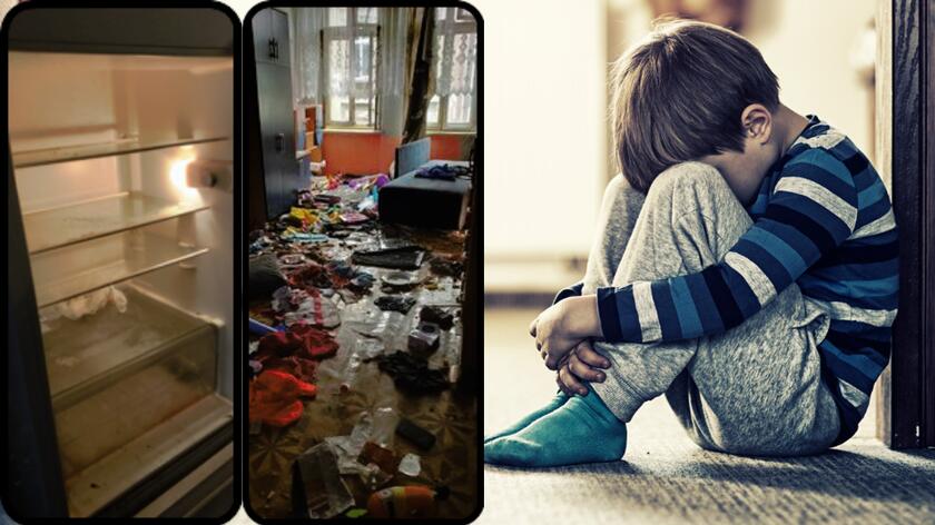 Smutny chłopiec siedzi na podłodze