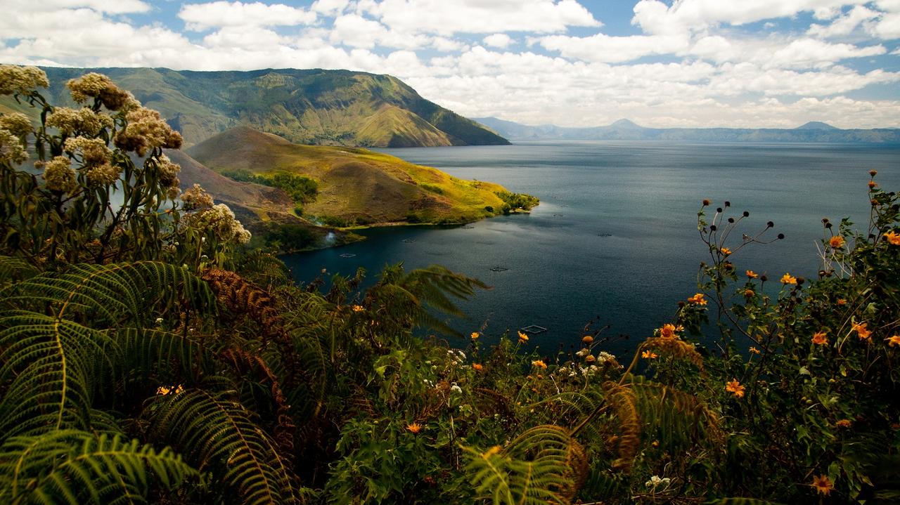 Widok na wspaniałe jezioro Toba i wybrzeże wyspy Samosir na Sumatrze w Indonezji.